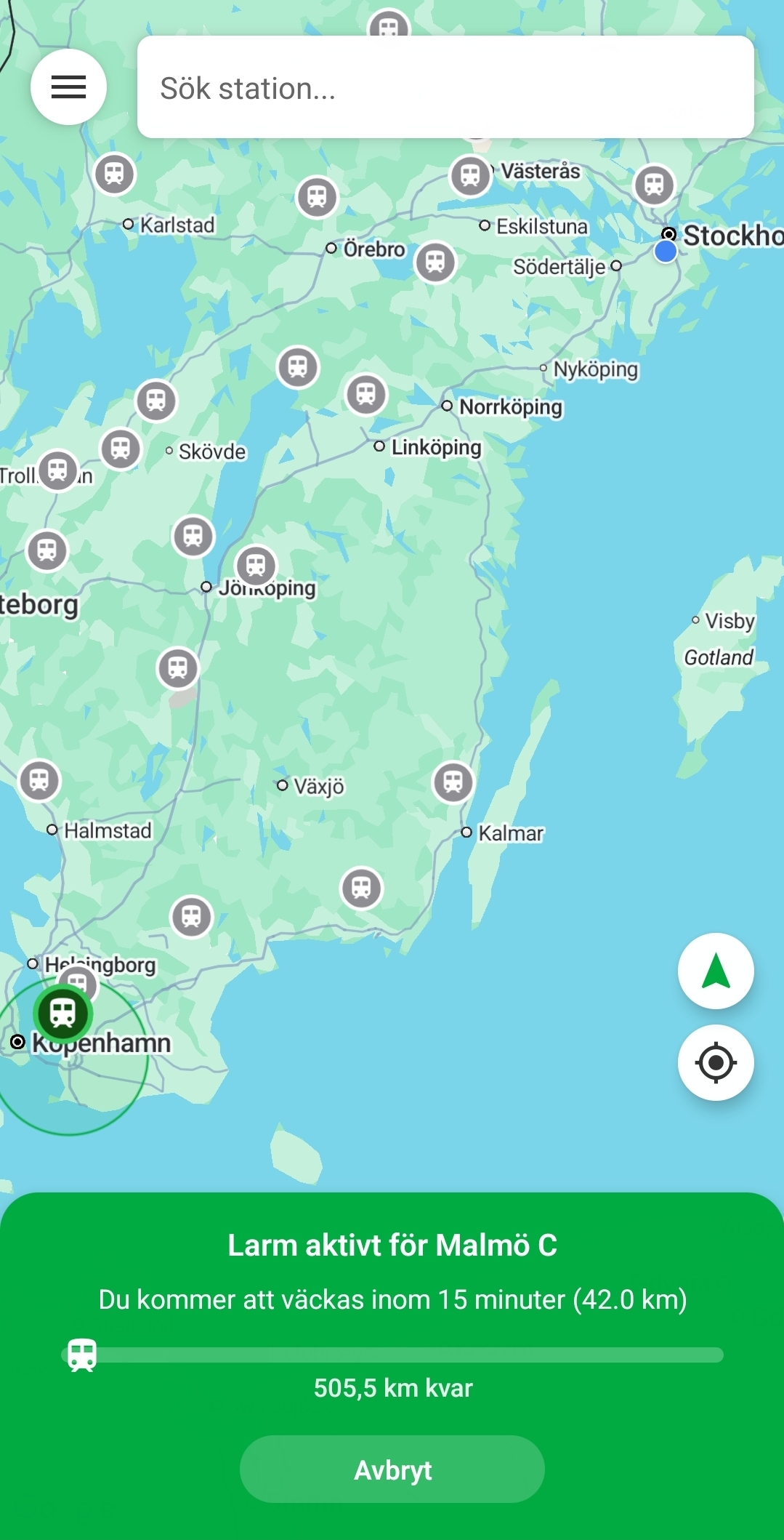 PåPlats!-appen visar en karta med aktivt larm för Malmö C och meddelandet att du påminns inom 15 minuter